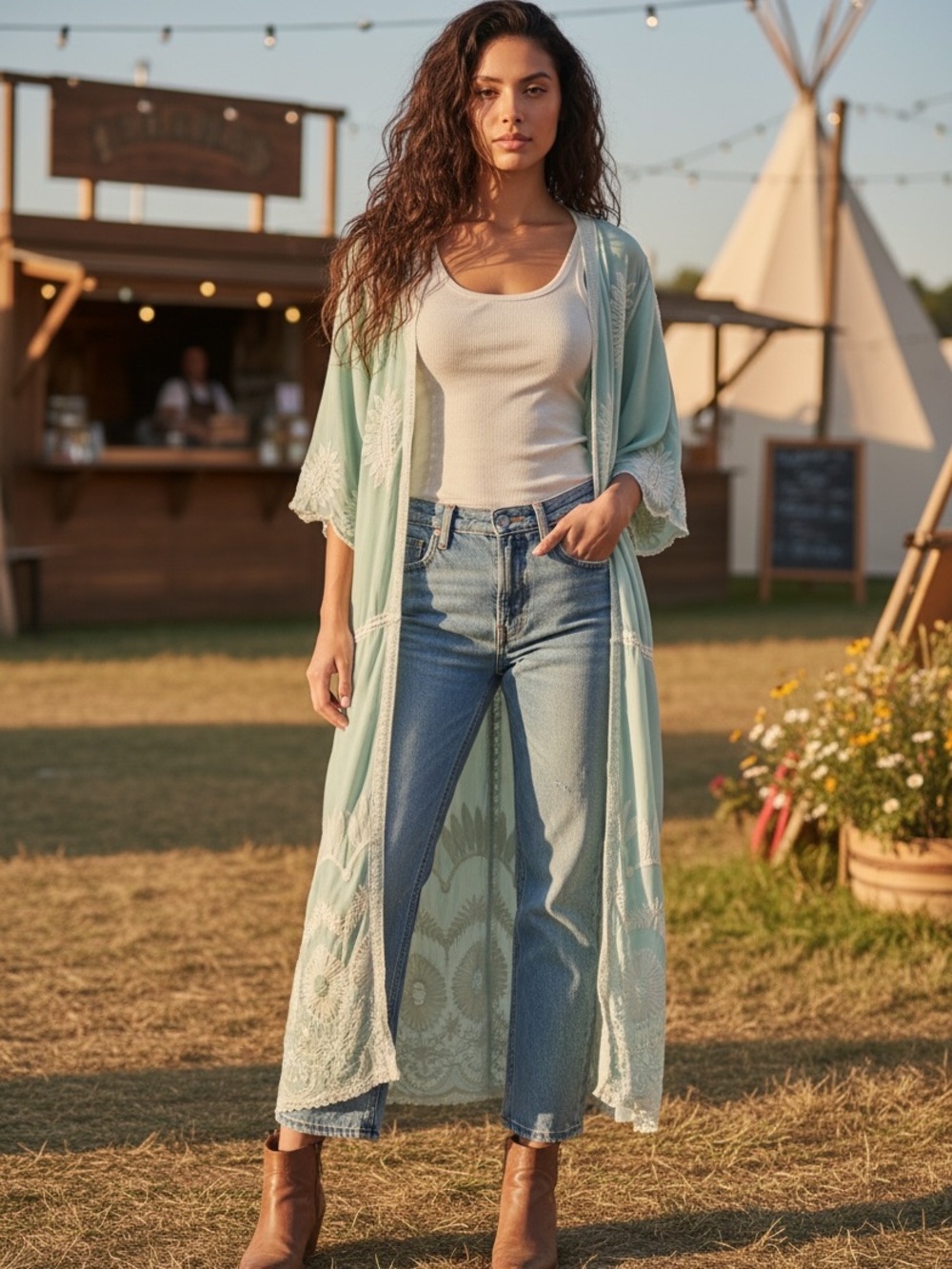 Loveriche Dahlia Seafoam Sage Embroidered Floral Maxi Kimono Duster
